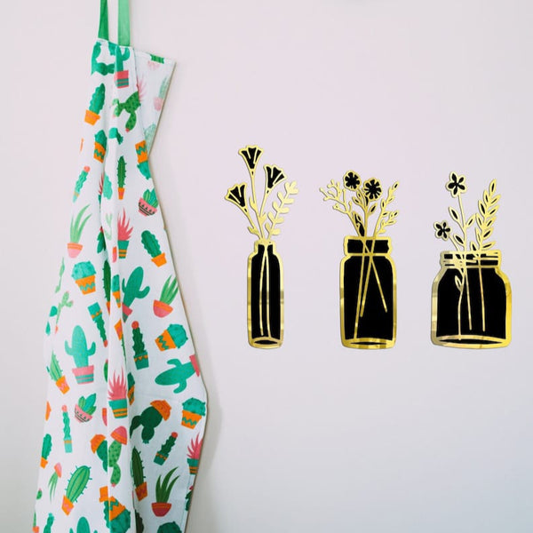 Set of 3 Modern Floral Vase Wall Decor – Gold & Silver Mirror Acrylic